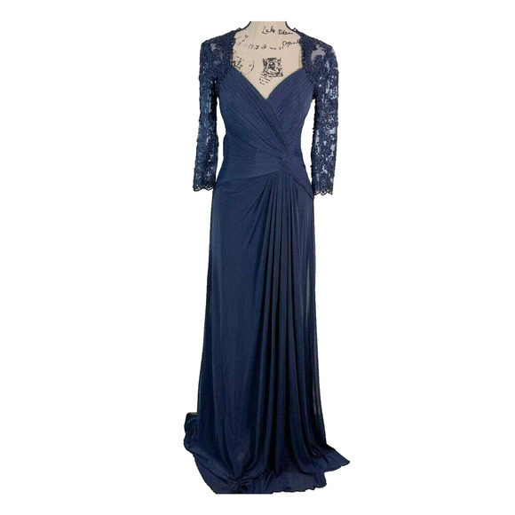 La Femme Sweetheart Neck Lace Sleeve Knot Detail Gown Dress Sz 18 Navy 23244 NEW - Picture 2 of 8